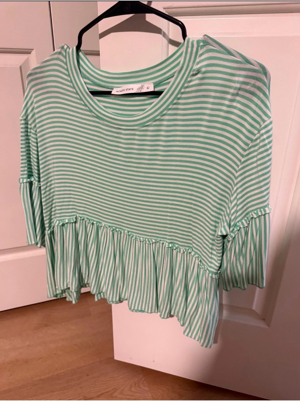 Altar'd State Green & White Striped Ruffle Hem Tee size large